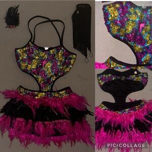 Colorful sequined and feather dance costume.